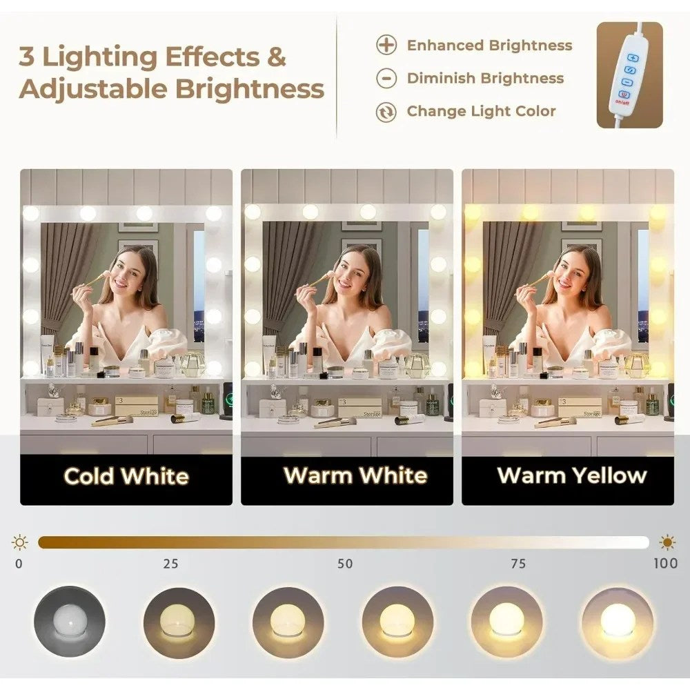 Vanity Desk, Makeup Vanity with Lights &amp; Charging Station and Ambient Light, Vanity Table with Dresser, Bedroom Furniture