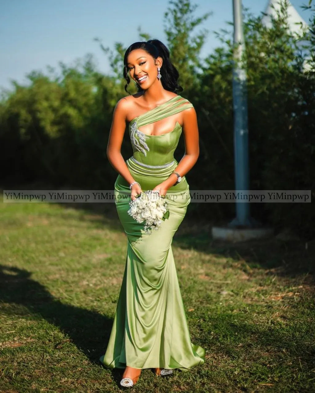 Africa Sage Mermaid Bridesmaid Dresses for Women One Shoulder Garden Wedding Guest Party Gowns Maid of Honor Dress Customized