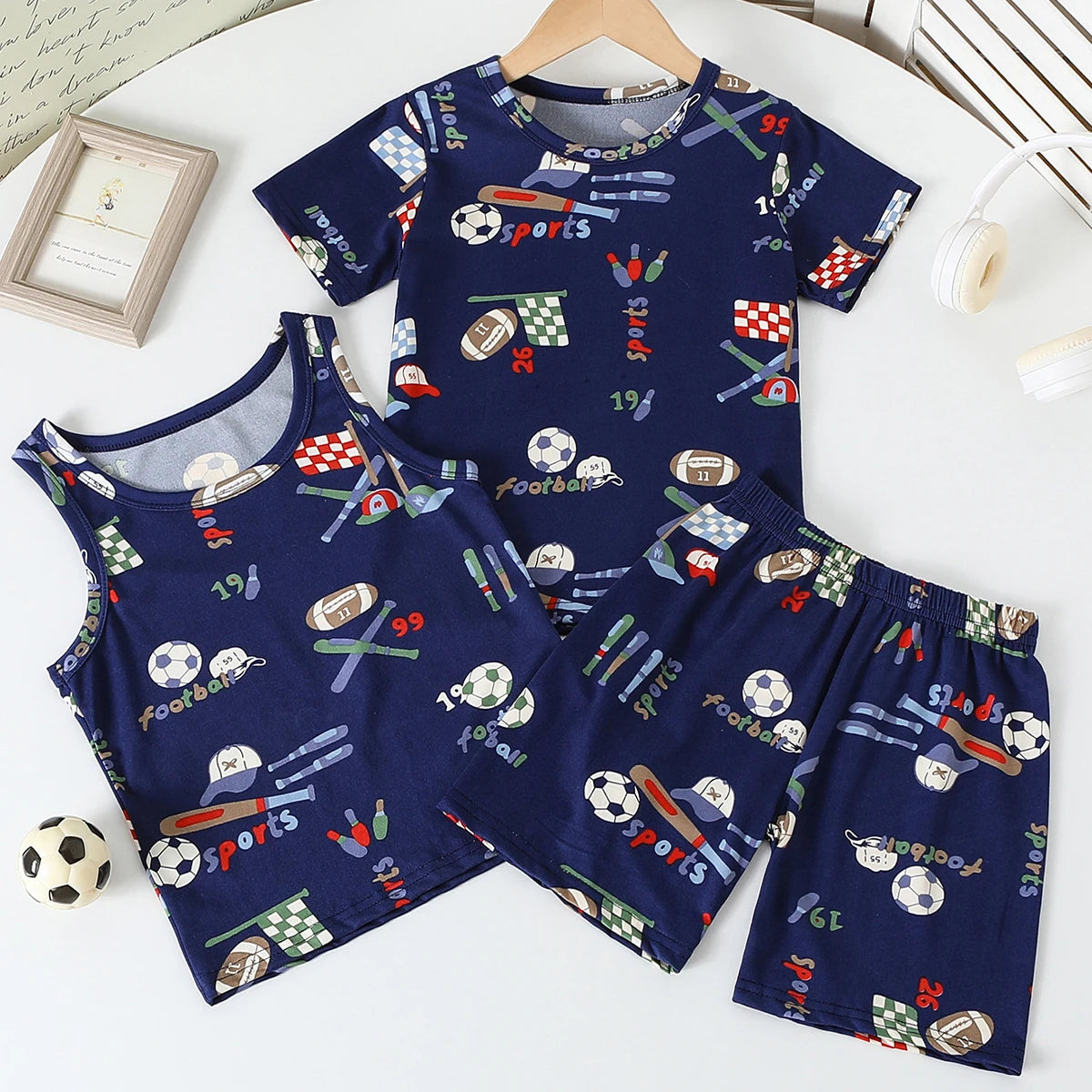 3-Piece Set of Children's Ball Printed Short-Sleeved Vest, Shorts, Pants Combination Set, Boys' Comfortable Pajamas Home Clothes