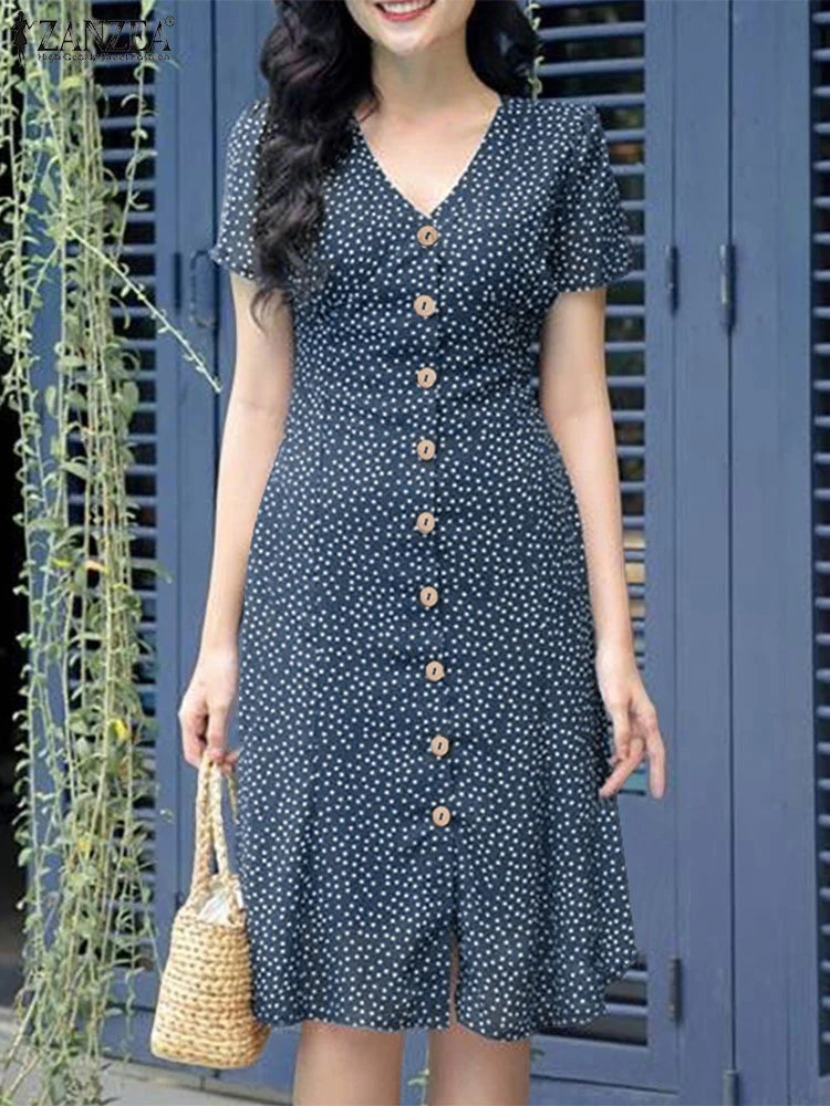 ZANZEA Women Summer Casual Dress 2025 Short Sleeve Polka Dot Bohemian Holiday Sundress V-Neck Loose Buttons Beach Vestidos Robe