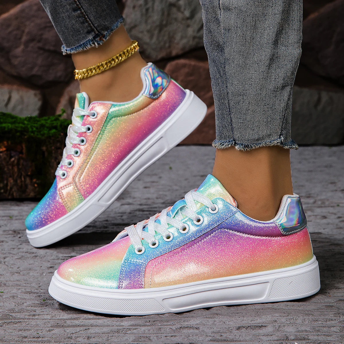 Women Shoes Spring Skate Shoes New Fashion Women Creative Rainbow Colors Sports Shoes Comfortable Tennis Sneakers