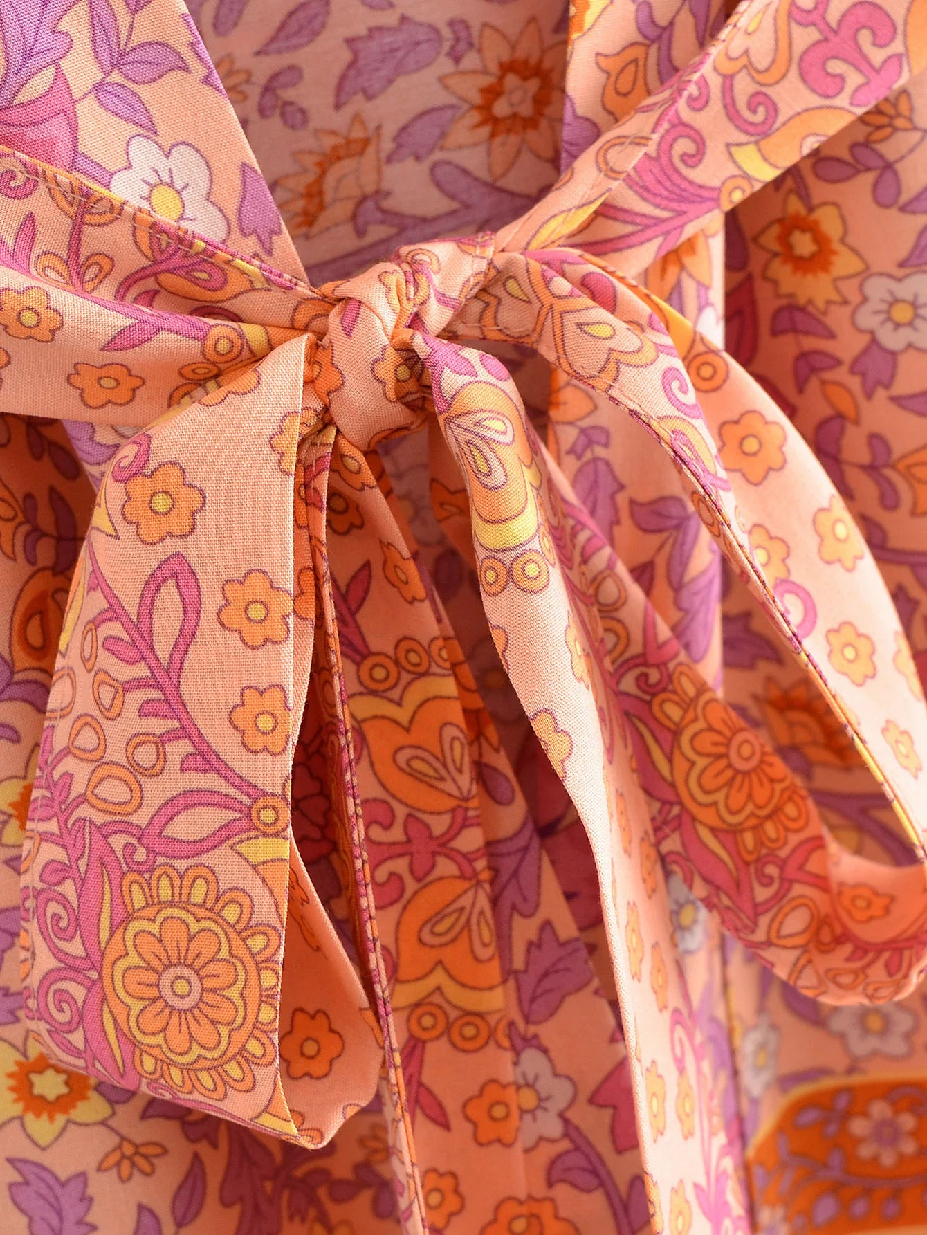 BOHO Women Blue With Pink Flower Print Kimono Shirt Holiday Tide Bow Sashes Mid Long Cardigan Summer Blouse Beach Cape