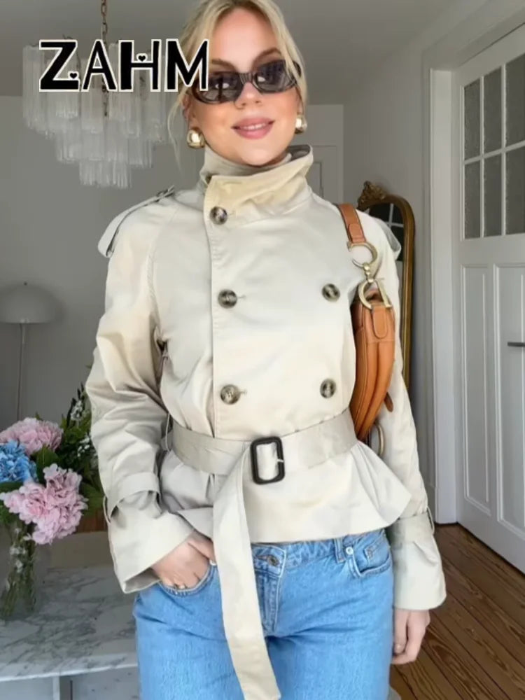 Fashion Women's Short Belt Jackets Long Sleeve Stand Collar Double Breasted Female Coat 2025 Autumn Lady Solid Outwear