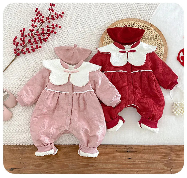 Baby Warm New Year Christmas Rompers 0-2 Year Old Korean Childrens Wear Winter Bodysuit Toddler Girls Sweetheart Outwear