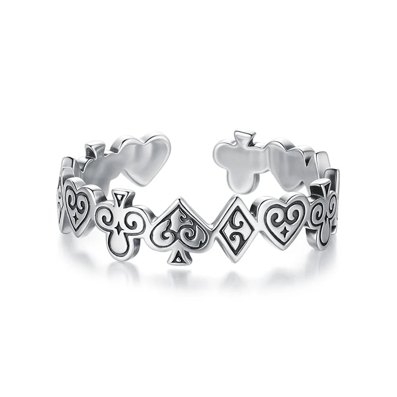WOSTU Vintage 925 Sterling Silver Poker Card Open Ring For Women, Antique  Adjustable Stacking Party Rings Fine Gift