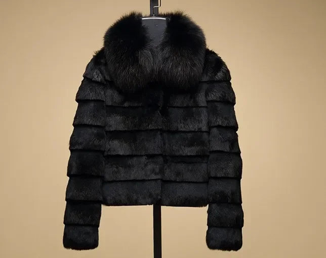 OFTBUY 2024 New Real Rabbit Fur Coat with Fox Fur Collar Women Full Pelt Fox Fur Jacket Winter Rabbit Fur Waistcoat High Street