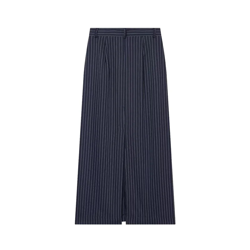 Women's A-line Skirt 2026 Summer New Style Navy Blue Striped High-Waist Slit Decorative Straight Long Skirt Elegant and Stylish