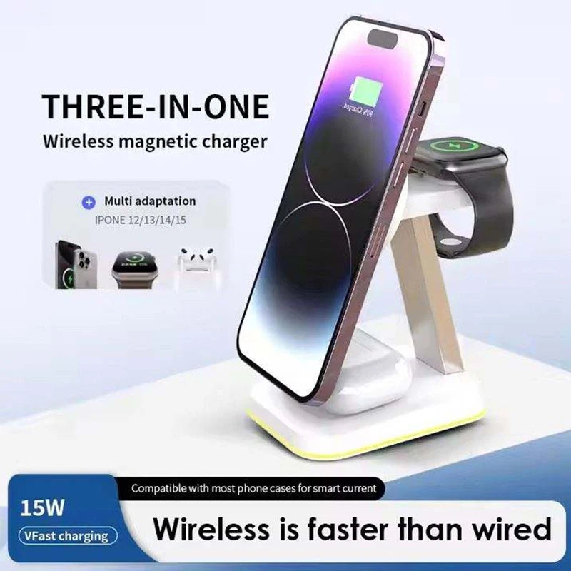 3 in 1 30W Smart Watch Earphone for iPhone 17 16 15 14 13 12  Fast Universal Magnetic Phone Stand Wireless Charger StationHolder