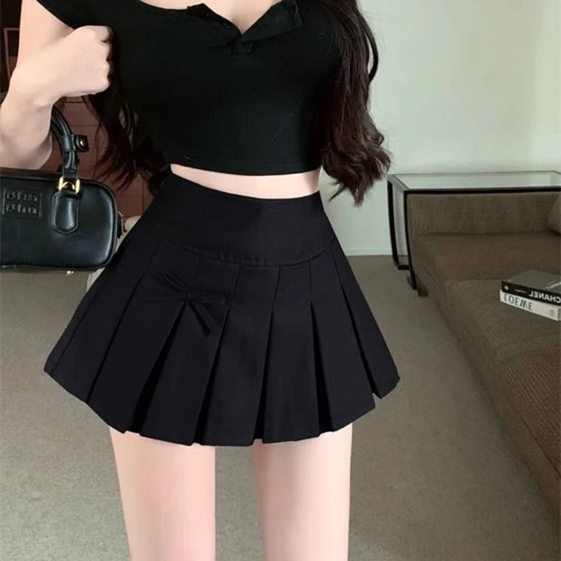 Bow Decor Women's Pleated Mini Skirts Korean Fashion High Waist Short Skirt Woman Streetwear Dance Tennis A Line Skirt Female