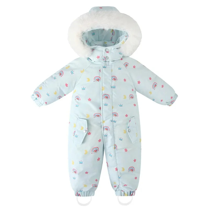 Bellbell Winter 2-6Yrs Girls Snowwear Jumpsuit Faux Fur Hooded Floral Print Kids Baby Girl Romper Thicken Warm Toddler Bodysuit