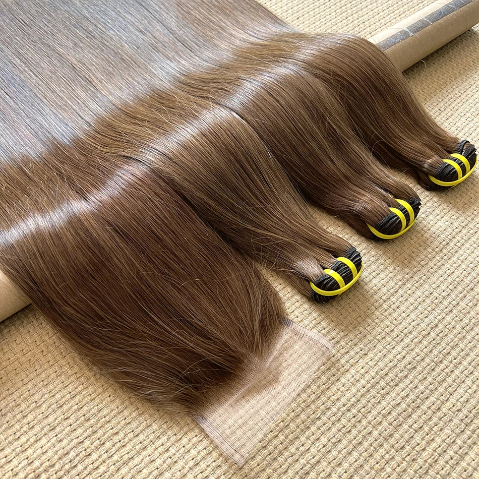 Yiwigs #4 Colored Light Brown 100% Raw Virgin Human Hair Bundles With 4x6 Transparent Lace Closure Hair Weave Extensions