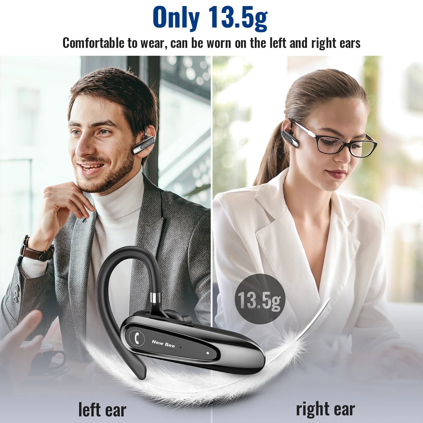 New Bee B45 Wireless Headset Bluetooth 5.0 Earphones Dual Mic Mute Handsfree Earbuds CVC8.0 Noise Reduction for Business Driving