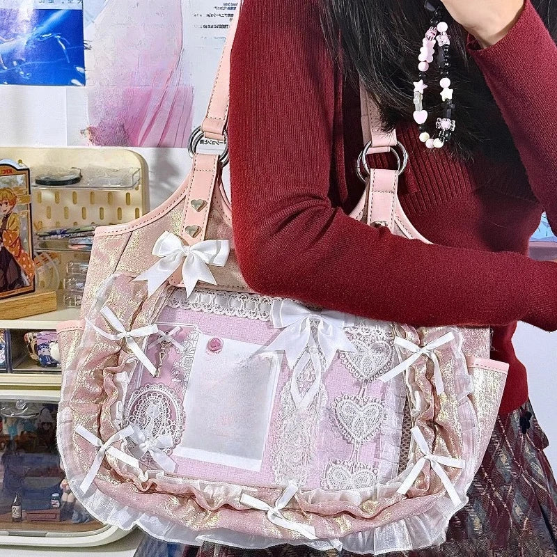 Women Luxury Design Ruffled Lolita Handbag Punk Gothic Bow Crossbody Bags Transparent Sweet Lace Shoulder Ita Bag Y2k Aesthetic