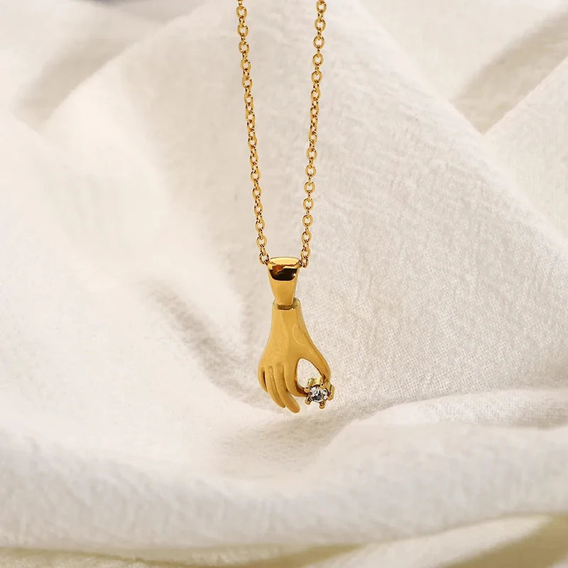 Dancy Fairy Stainless Steel Shiny Stone Abstract Palm Pendant Necklace for Women 18K Gold Color Hand Pick Star Charm Necklace