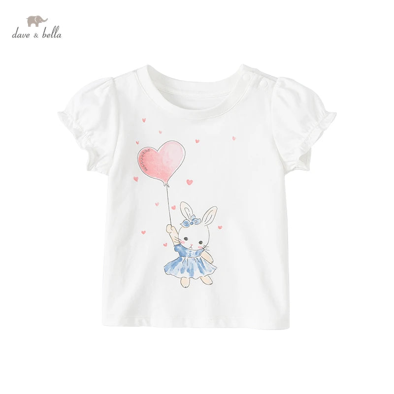 Dave Bella Baby Girl White T-shirts Cartoon Printed Girls Tees Children Tops Puff Sleeves Kids Clothes DB2221905