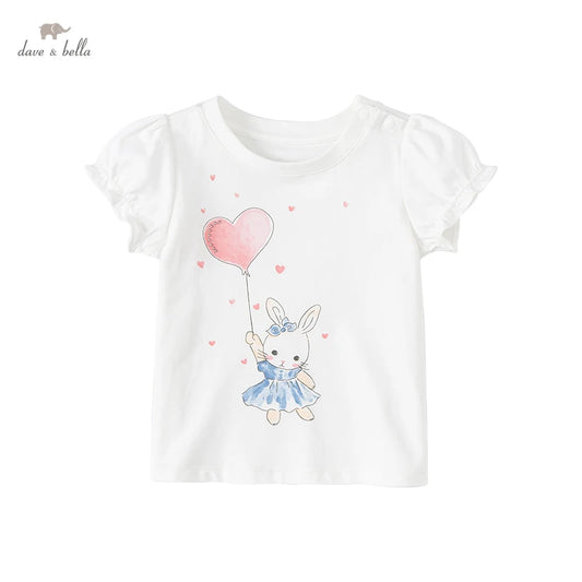 Dave Bella Baby Girl White T-shirts Cartoon Printed Girls Tees Children Tops Puff Sleeves Kids Clothes DB2221905
