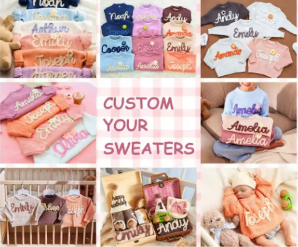 Custom Sweater Crewneck Pullovers For Kids Embroidered Exquisite Design Baby Shower Gift Personalized Unique Name By Hand-made