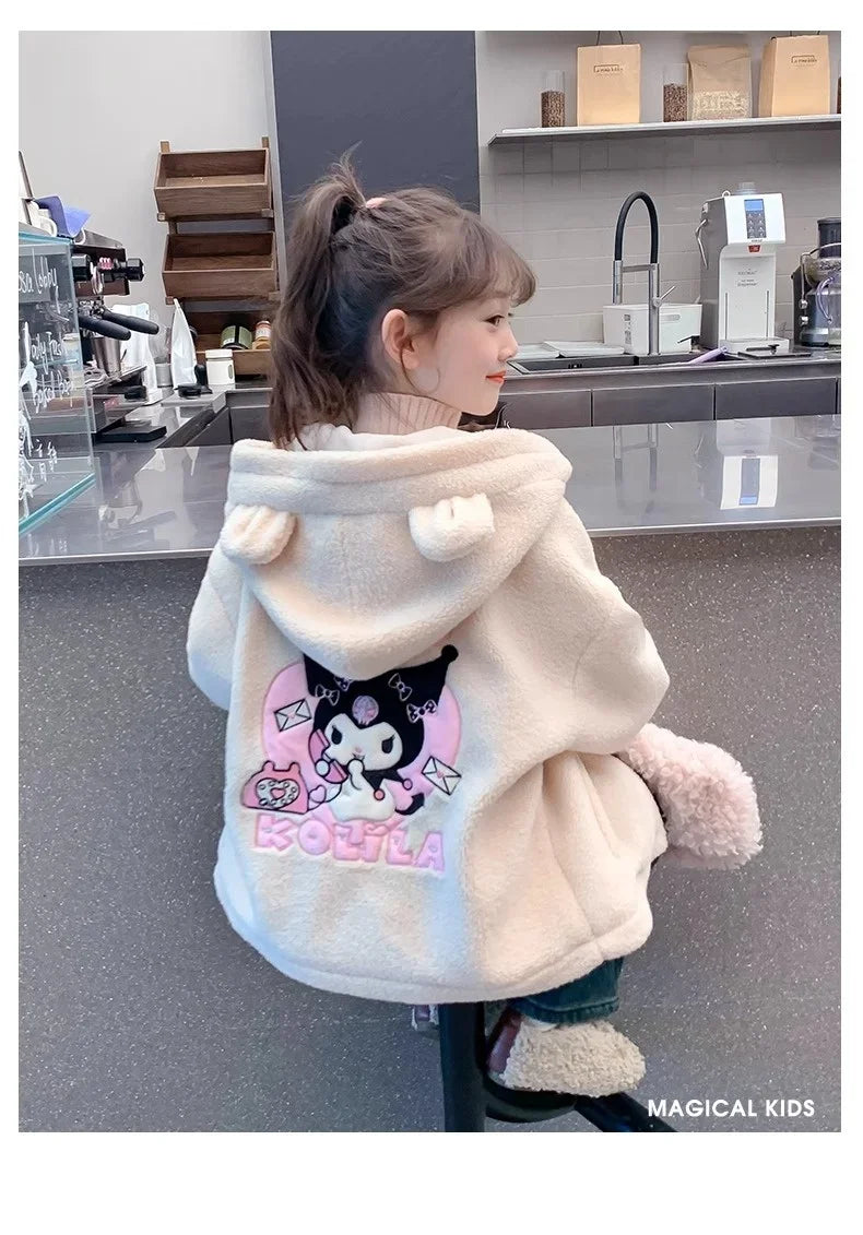 Winter 2025 New Cartoon Sanrio Kuromi Girls' Velvet Jacket Plus Velvet Children'S Polar Fleece Hooded Clothes Girls Winter Cloth
