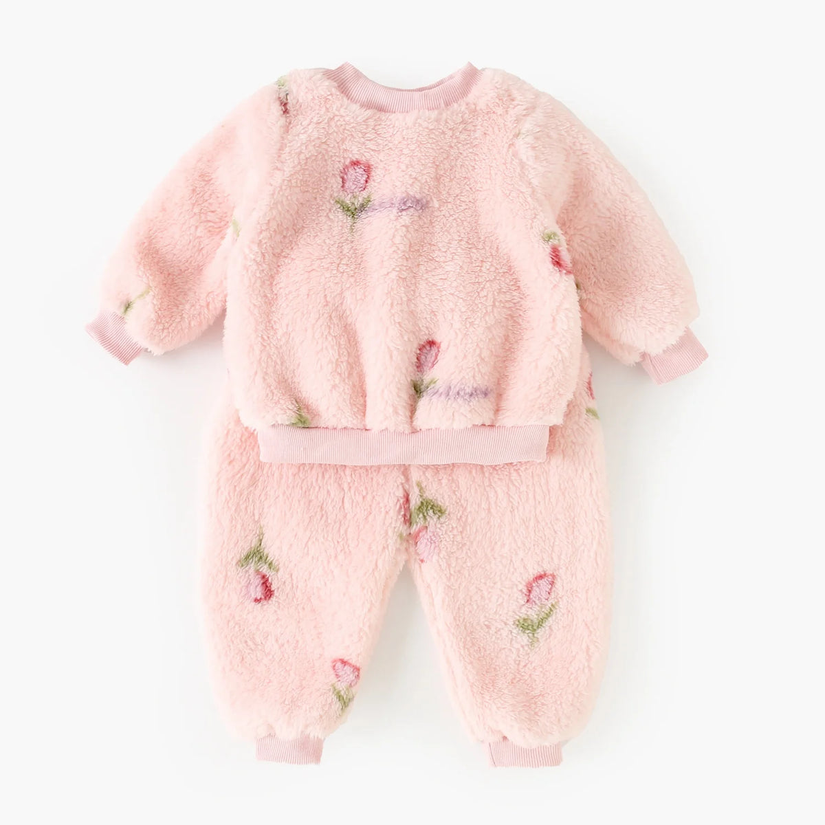 Cute Fleece Long Sleeve Little Kids Tops + Pants Thickened Baby Outfits Sets Winter Florals Clothing