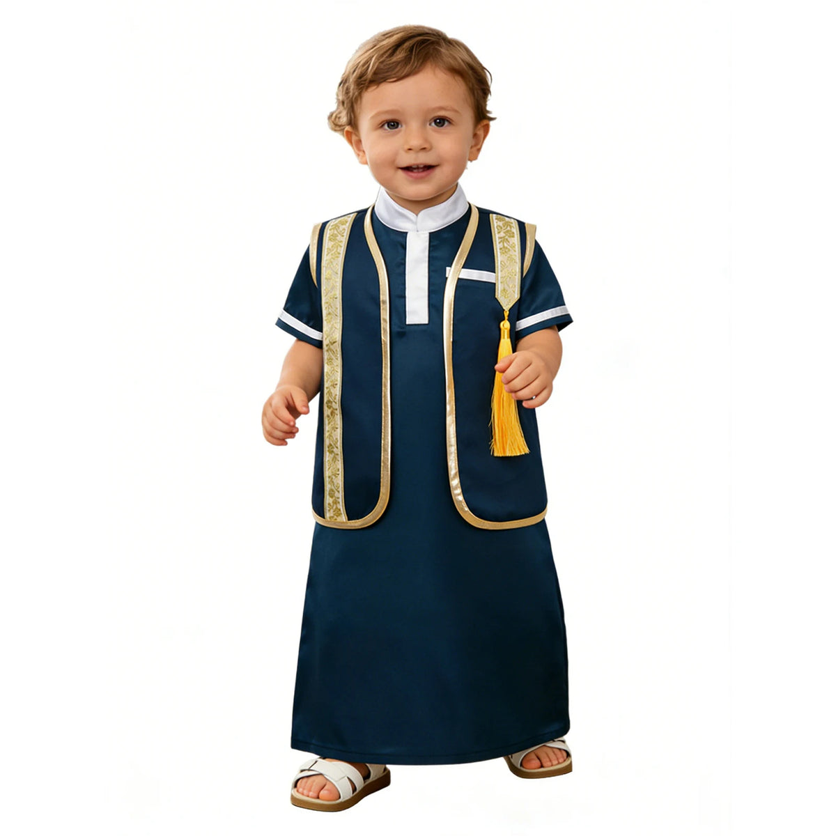 Muslim Baby Boys Robe Ramadan Eid Abaya Set Metallic Trim Arabic Islamic Kaftan Thobe Satin Gown with Open Front Tassel Vest