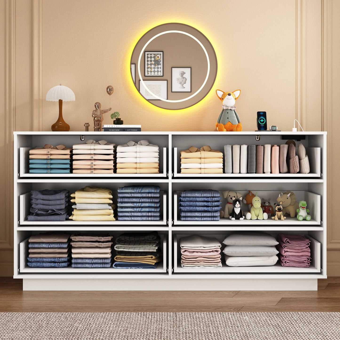 6 Drawers Dresser w/Power Outlet, 59" Long Wooden Dresser Chest, 60000-Colors Lights for Bedroom, Metal Handles of Drawers