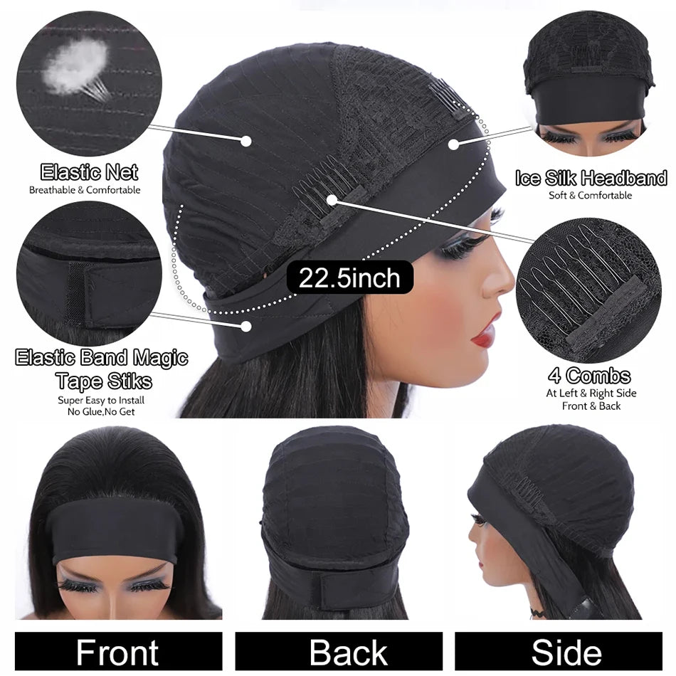 Kinky Straight Short Bob Headband Wig For Women Brazilian Remy 100% Human Hair 250% Cheap Full Machine Made Headband Half Wig