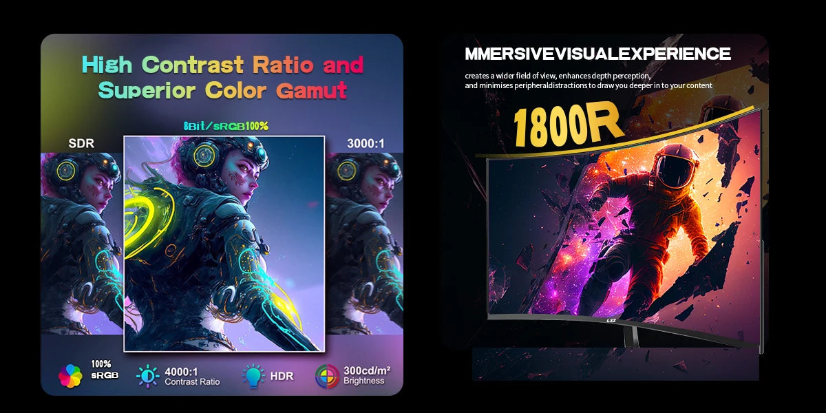 LXZ Curved 32 Inch Gaming Monitor 1800R, 2K QHD 165hz Frameless Display 99% sRGB, 178°Wide Viewing Angle, Display Port HDMI