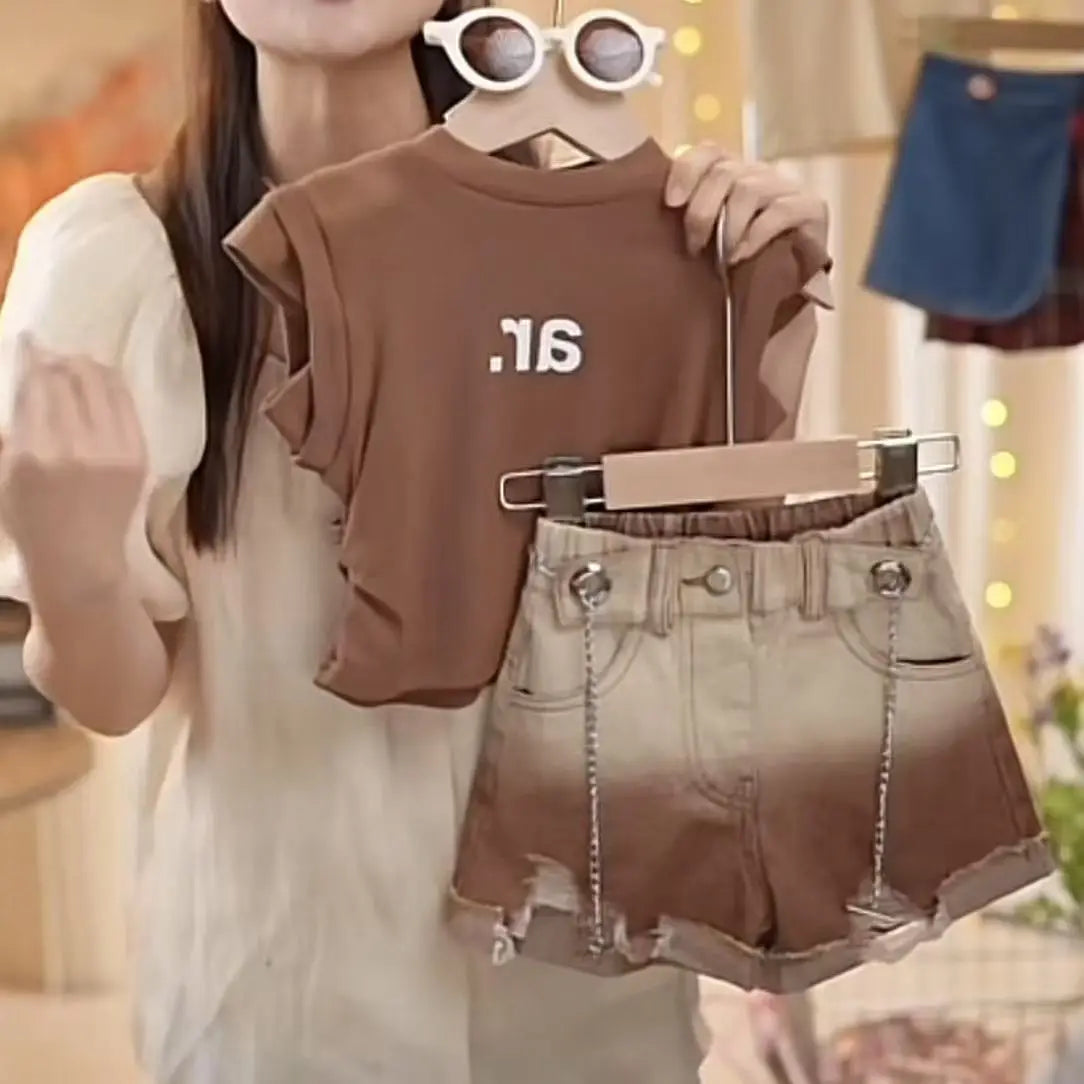 Girls' Summer Clothing Set 2025 New Children's Tank Top Denim Shorts Two Piece Set Girls' Elegant Summer Fashion