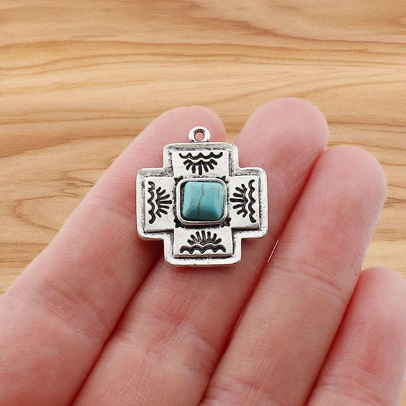 4 Pieces Tibetan Silver Color & Turquoise Crystal Hollow Charms Pendants For DIY Necklace Jewelry Making Accessories