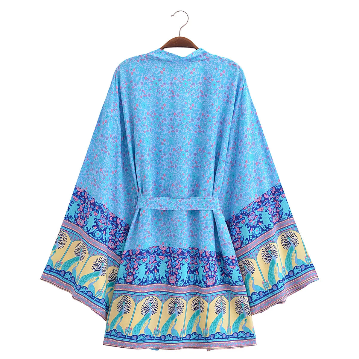 BOHO Women Blue With Pink Flower Print Kimono Shirt Holiday Tide Bow Sashes Mid Long Cardigan Summer Blouse Beach Cape