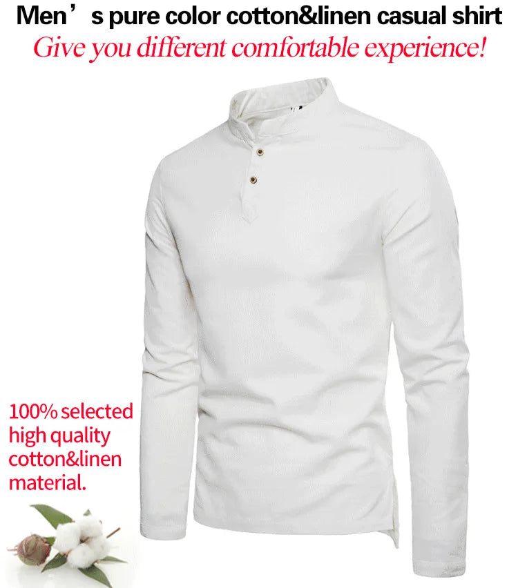 Men’s Solid-color Cotton Linen Shirt Long Sleeve Plus Size Casual