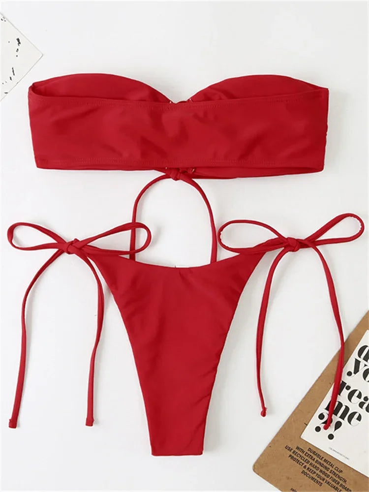 Sexy Bandeau Bikini Swimwear Women Red Black Pleate Lace Up Swimsuit 2026 Cut Out Beach Bathing Suit Tie Side Thong Bikinis Sets