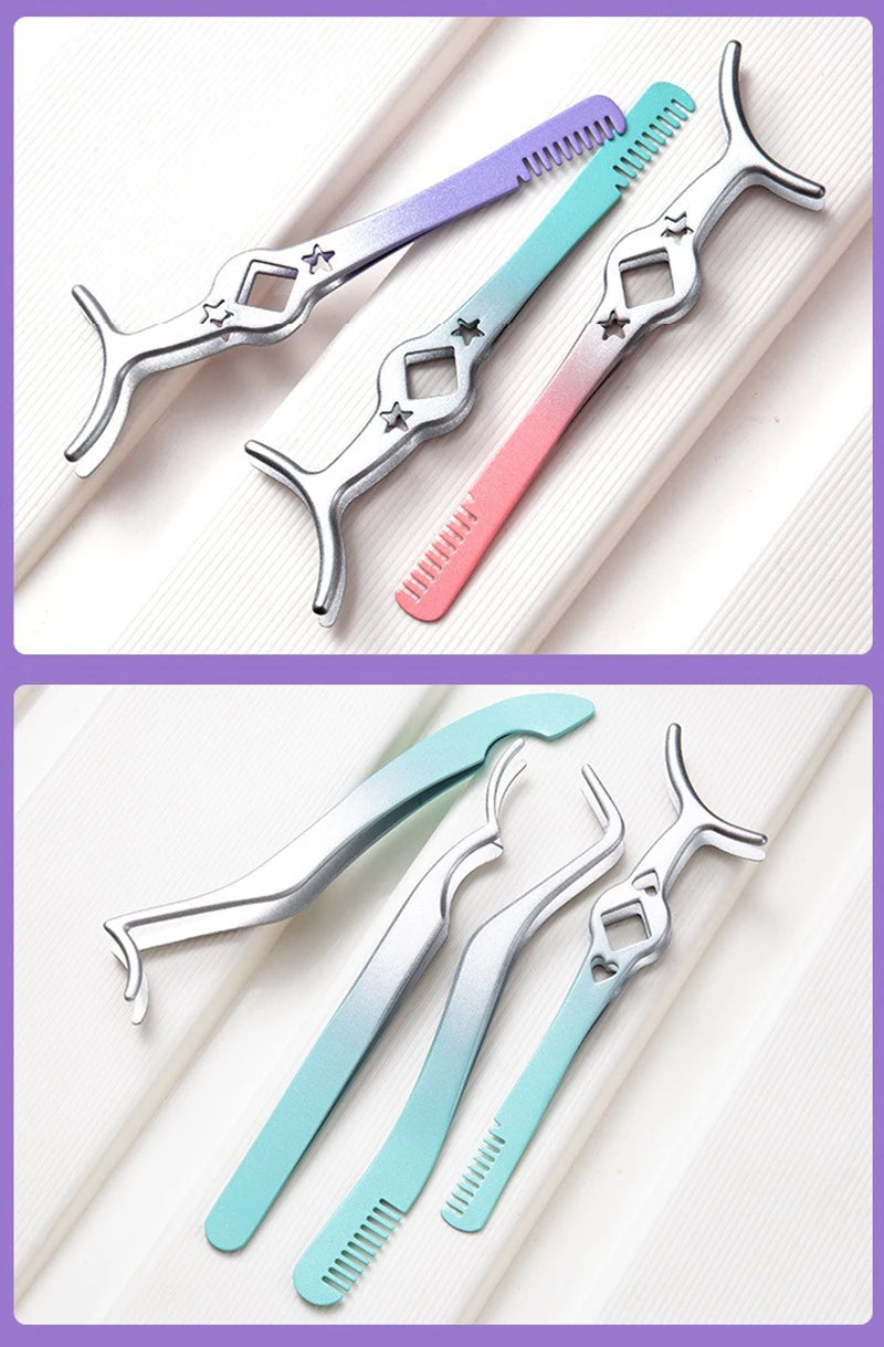Color Eyelash Comb Tweezers Carbon Steel Professional Pincet Lashes Extension Tweezers False Eyelashes Applicator Makeup Tools