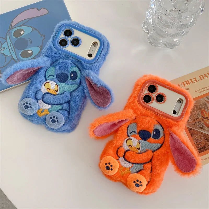 Plush Embroidery Stitch iPhone Case with Stand Furry Ears Cover for iPhone 13 17 Pro Max 16 15 Cute Shockproof Phone Accessories