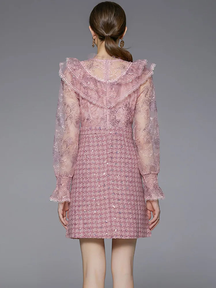 Light Luxury Embroidery Sequin Tweed Patchwork Dresss Women's Stand Collar  Long Sleeve Ruffle Woolen Dress Female Clothing