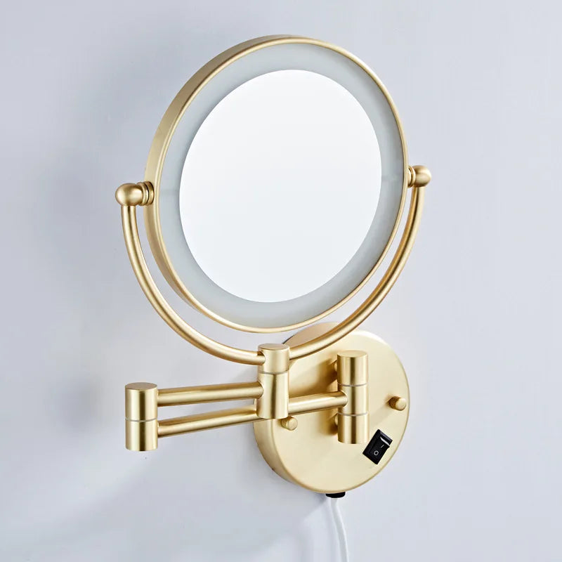 Brushed Gold LED Makeup Mirror with Brass Folding Bathroom Mirrors of 8 Inch 3X 5X Maynifying Makeup Mirror Dual Face LED Mirror