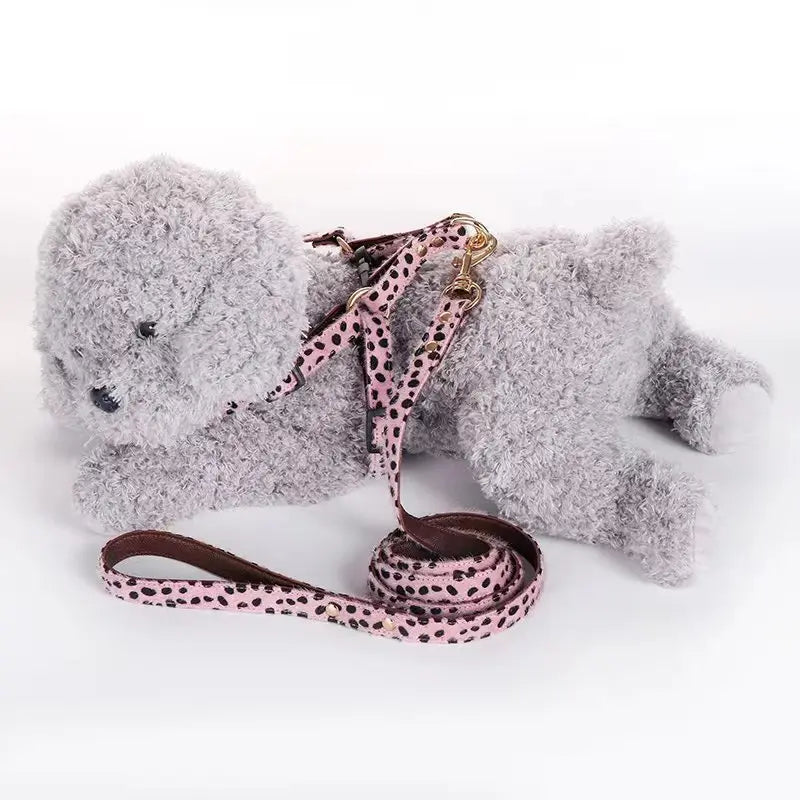 Leopard Print Dog Harness and Leash Set Adjustable - Stylish Dog Collar Pu Fashion Pet Walking Accessories for Small Dogs