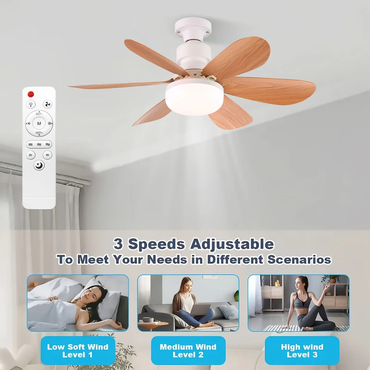 E26/E27 Lamp Holder Fan Light, Smart Ceiling Fan with Light and Remote Control, Easy to Install, Suitable for Bedrooms, Kitchens