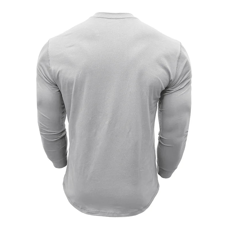 SHiONFA Spring Men's Long Sleeved T-shirt Casual Soft Cotton Base Shirt Placket Front Button Solid Color Pullover