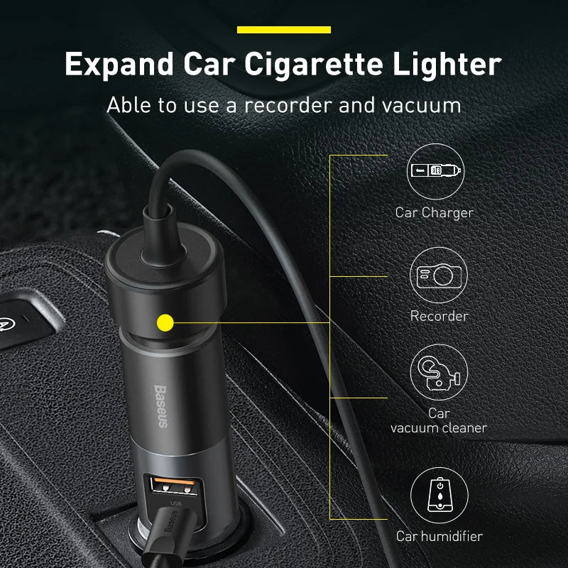 Baseus 120W Car Phone Charger Quick Charge QC 4.0 3.0 Dual USB Type C Expand Charger Adapter For iPhone Xiaomi Samsung Huawei