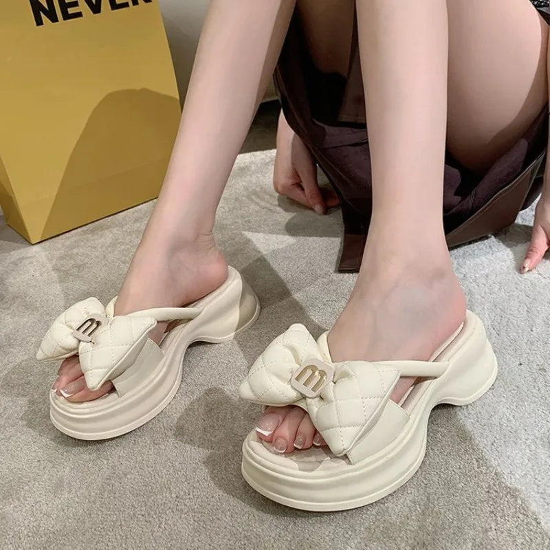 Summer Women's Slippers Designer Platform Slippers Fashion Bow One-Word Slipper 2025 New Casual Beach Slippers for Women Slides