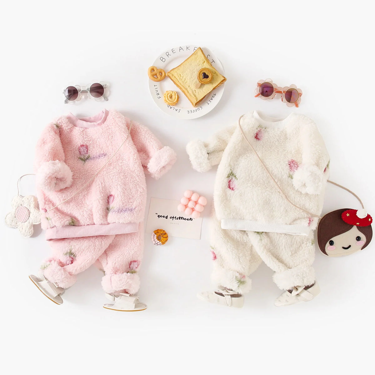 Cute Fleece Long Sleeve Little Kids Tops + Pants Thickened Baby Outfits Sets Winter Florals Clothing