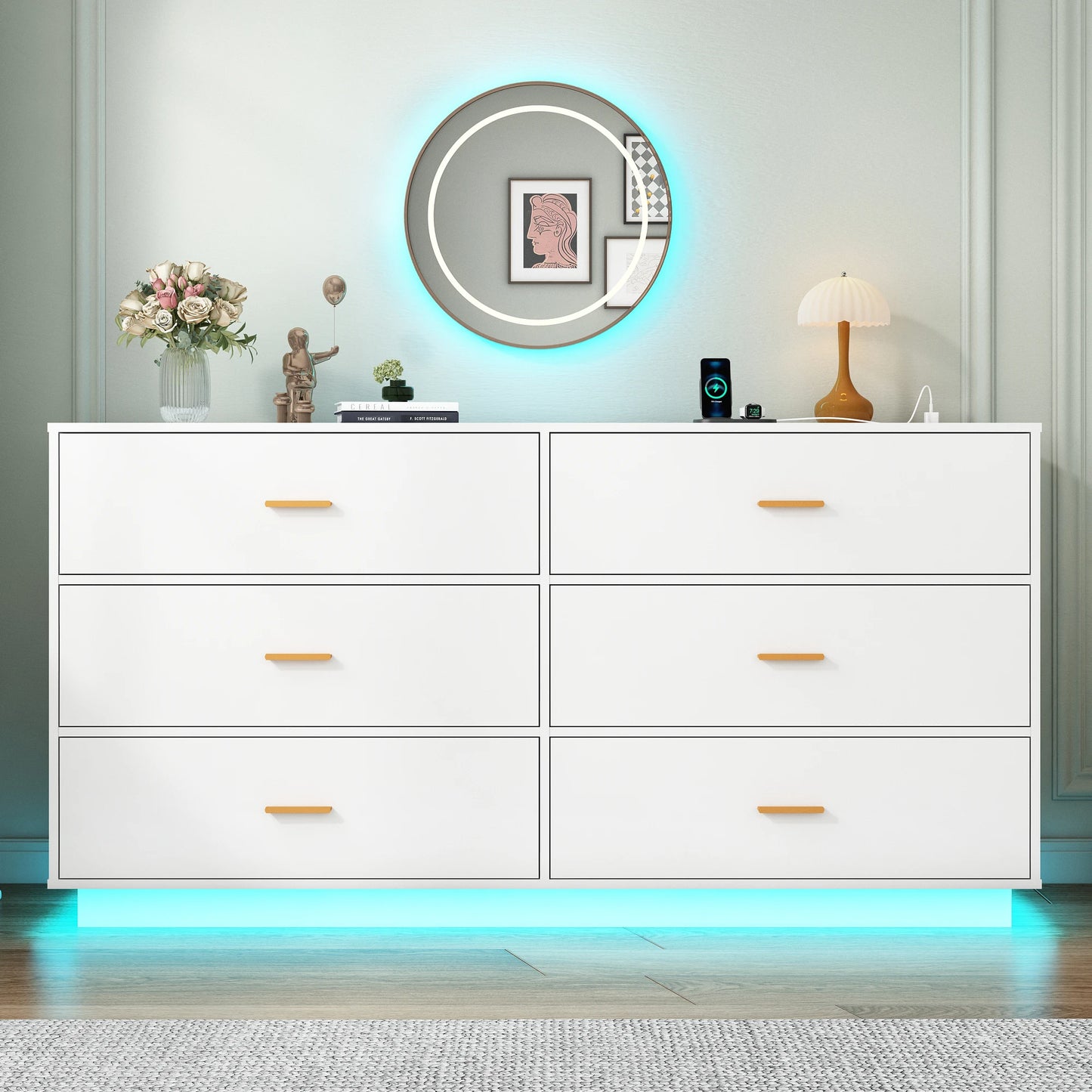 6 Drawers Dresser w/Power Outlet, 59" Long Wooden Dresser Chest, 60000-Colors Lights for Bedroom, Metal Handles of Drawers