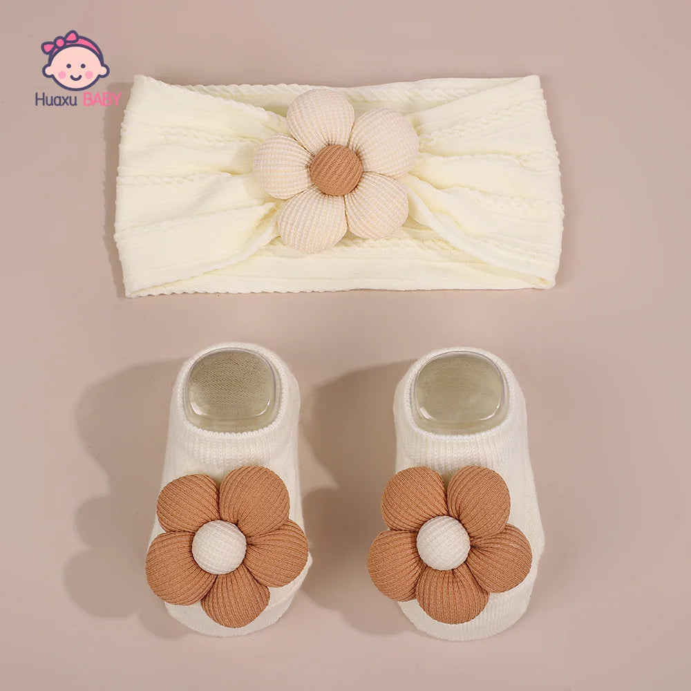 2Pcs Set Baby Floral Headbands and Socks Knitted Flower Elastic Hairbands Cute Newborn Girls Photo Props Baby Hair Accessories