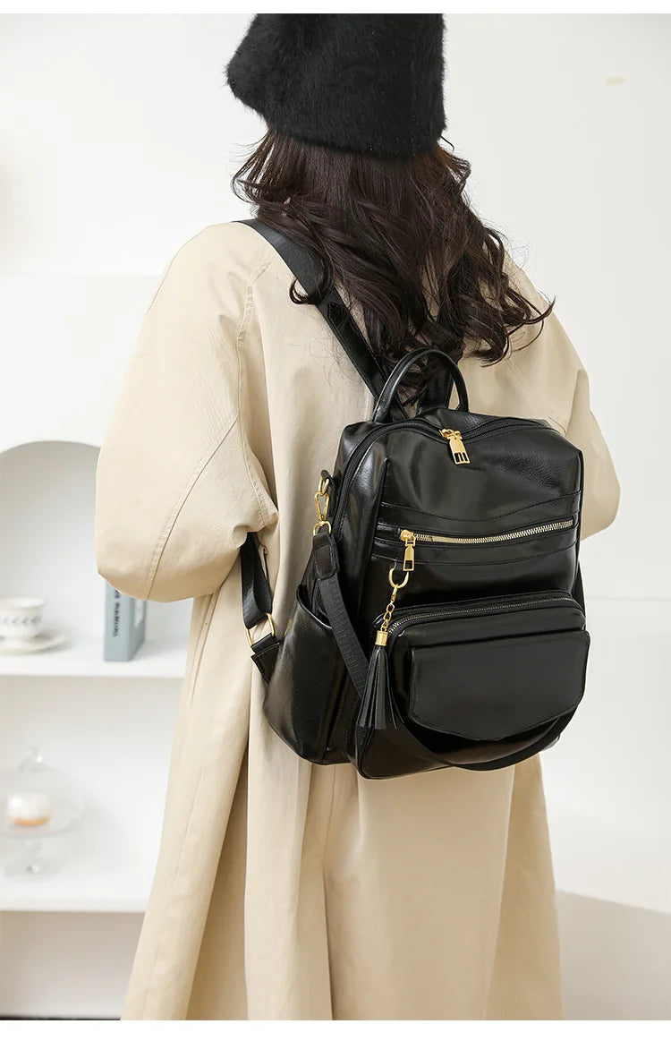 Backpack Purse for Women pu Large LadiesFashion Tassel Pu Leather Travel Backpack Purse Designer Ladies Shoulder Bags Waterproof