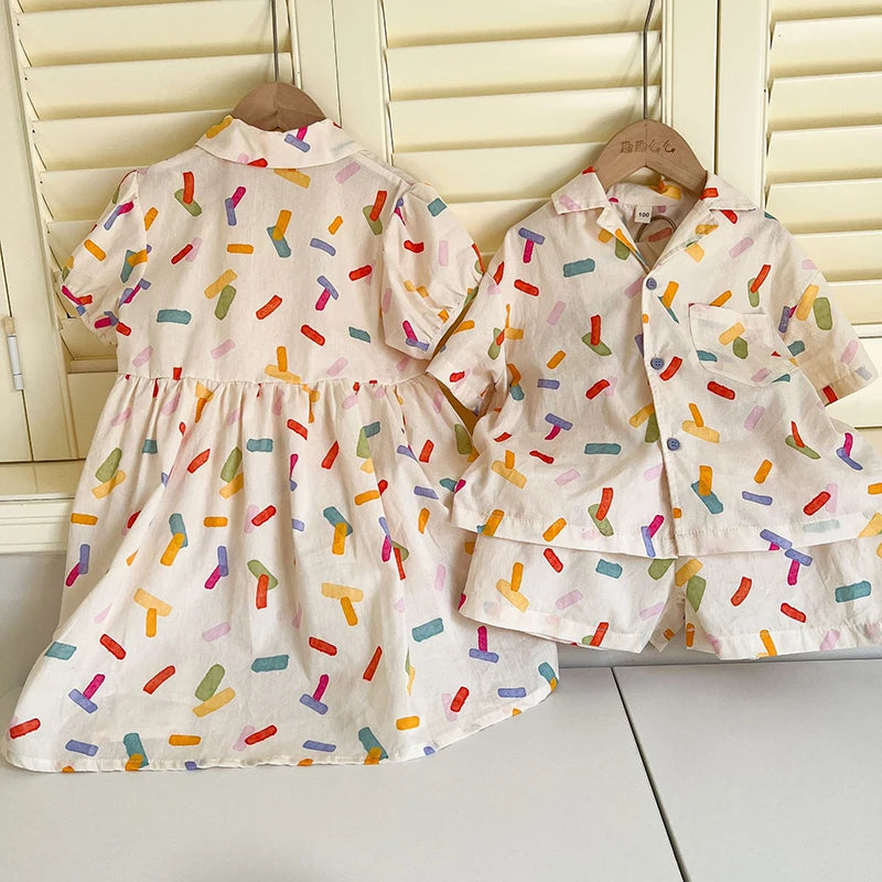 2025 New Vacation Style Cotton Kids' Summer Clothing Set Girls Sundress for 80 - 150cm Boys and Girls Sibling Outfits