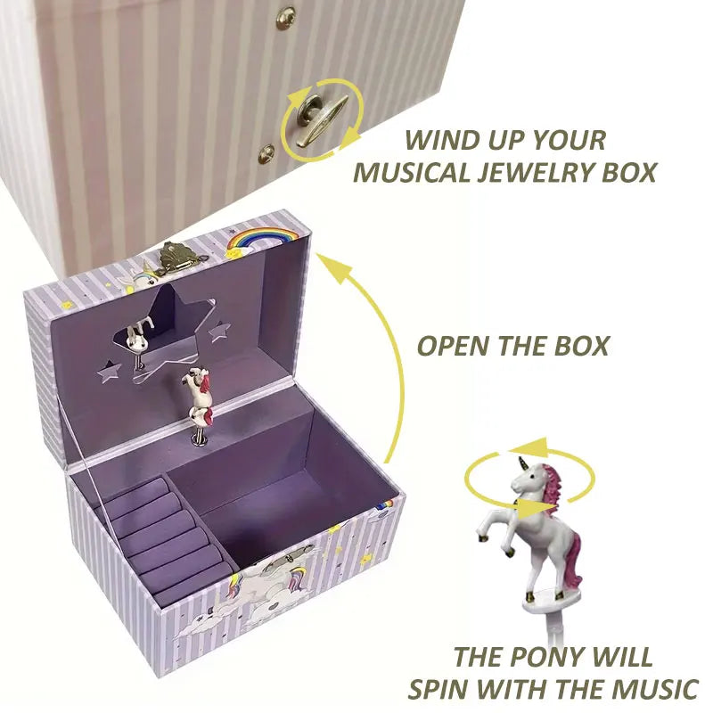 Jewelry Storage Clockwork Music Box Desk Organizer Pink Cute Unicorn Little Girls Gift Ring/Necklace/Bracelet/Earring Storage