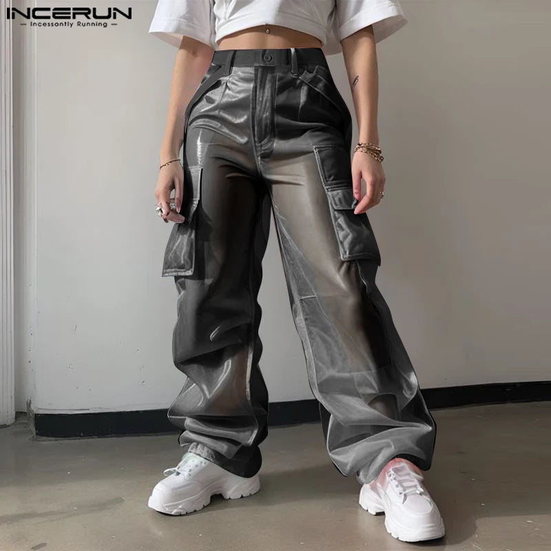 INCERUN Men Pants Mesh Gradient Button Joggers Straight Trousers Men Joggers Streetwear Pockets Oversize Fashion Long Pants 2026