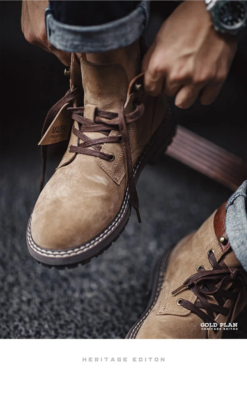 Maden Autumn and Winter Mid-top Work Boots for Men Round-toed Flat-heeled Boots Retro Outdoor Shoes Wear-resistant Rubber Sole