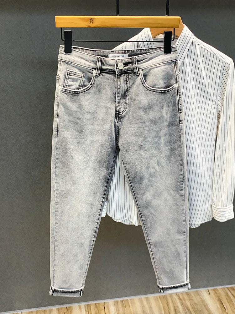 Summer ey e Nine-Ten Men's Jeans Sli Versatile Slim Fit Casual Cotton Stretch Fabric mid Waist Zipper Closure